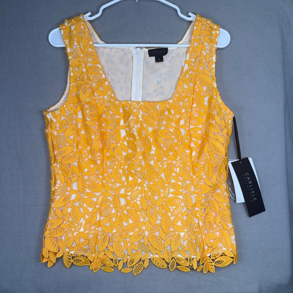 Carlisle Collection Lace Tank Top Womens 8 Yellow NWT Floral Leaf Scalloped Hem